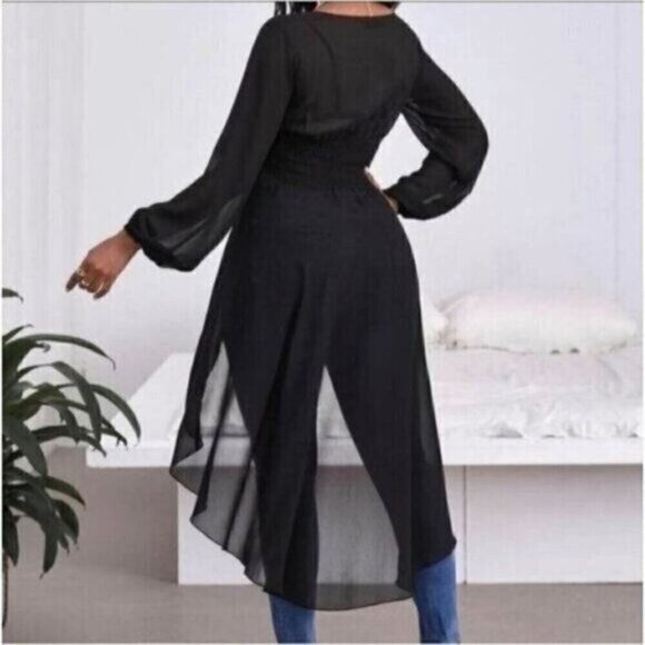 Sexy Plunging Neck Lantern Sleeve High Low Hem Top - Picture 4 of 4